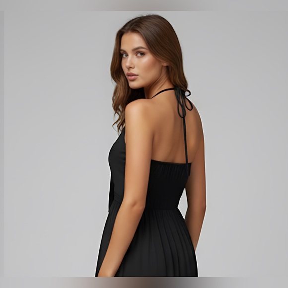 Boho Black Knot Front Tie Back Maxi Halter Dress - Picture 4 of 8